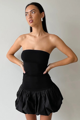 Strapless Colorblock Cinch Waist Puff Hem Mini Dresses-Blue